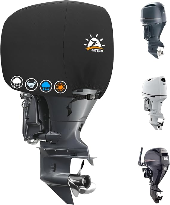 Zettum Outboard Motor Cover, 600D Boat Motor Cover Waterproof & Heavy Duty, Fade-Resistant Boat Engine Cover - Fit for Motor 25-50 HP, Black