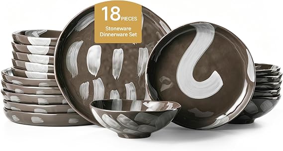 KINGSTONE Stoneware Dinnerware Sets for 6, 18-Piece, Handmade Pinched & Hand-Brushed Serveware Set, Organic Irregular Edge Dishes Set for Housewarming & Wedding Gifting, Microwave & Dishwasher Safe