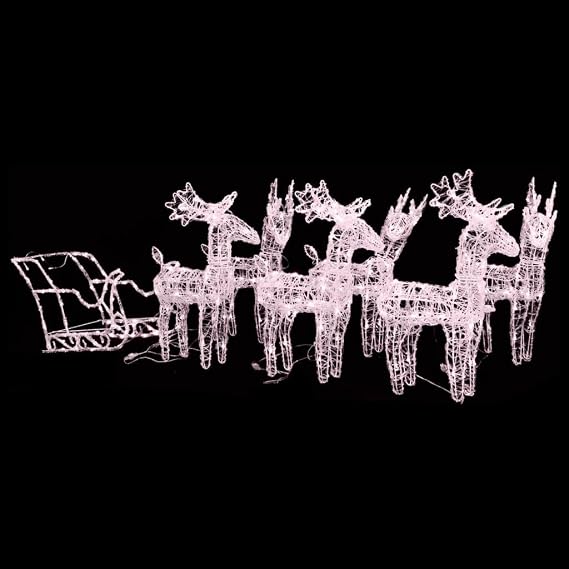 Reindeers & Sleigh Christmas Decoration, 320 LEDs Warm White Acrylic, Weather-Resistant Holiday Display Set, 6 Reindeer & Sleigh, 8 Lighting Modes, Indoor Outdoor Use