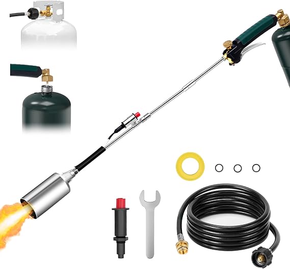 Propane Weed Burner Torch Kit, Heavy Duty Weed Torch with 40" Long Arm, Piezo Self-Igniter, 10FT CSA Hose for 1lb100lb Tank, Flamethrower for Weed Burning, Ice & Snow Melting, Roofing, BBQ