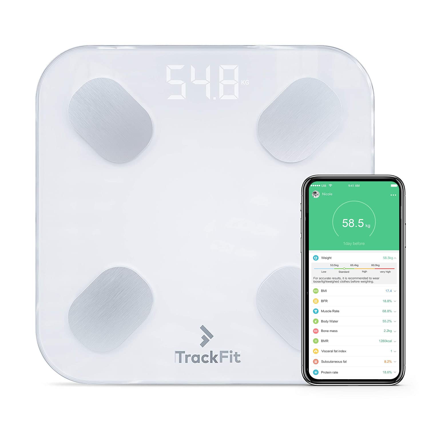 Digital Body Weight Bathroom Scale FitTrack Dara - FDA Approved Body Fat Scale - BMI Digital Smart Scale &amp; Body Composition Analyzer Monitor - Most Accurate Bluetooth Glass Weighing Scale White