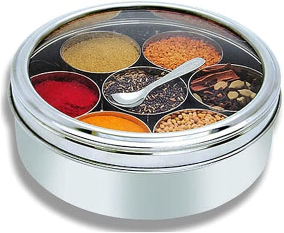 ROYAL SAPPHIRE Stainless Steel Indian Spice Box, Indian See Through Masala Dabba, Masala Box,Steel Masala Dabba, Indian Spice Container, with 7 Spice containers Size 20 X 20 x 8 cm
