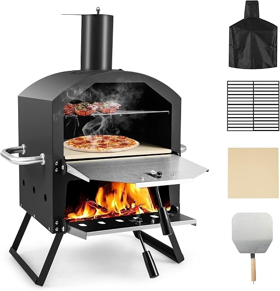 Pizza Oven, 2-Tier Mini Pizza Maker Countertop with 12" Pizza Stone, Removable Cooking Rack & Folding Legs, Stainless Steel Pizza Oven Outdoor & Indoor Use for Home, Camping, BBQ