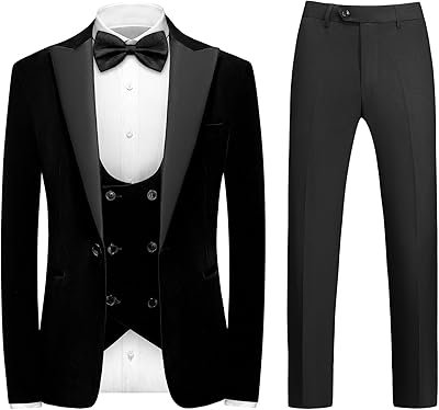 Mens Velvet Suit 3 Piece Slim Fit Tuxedo Peak Lapel Formal Blazer One Button Jacket Vest Pants for Prom Wedding