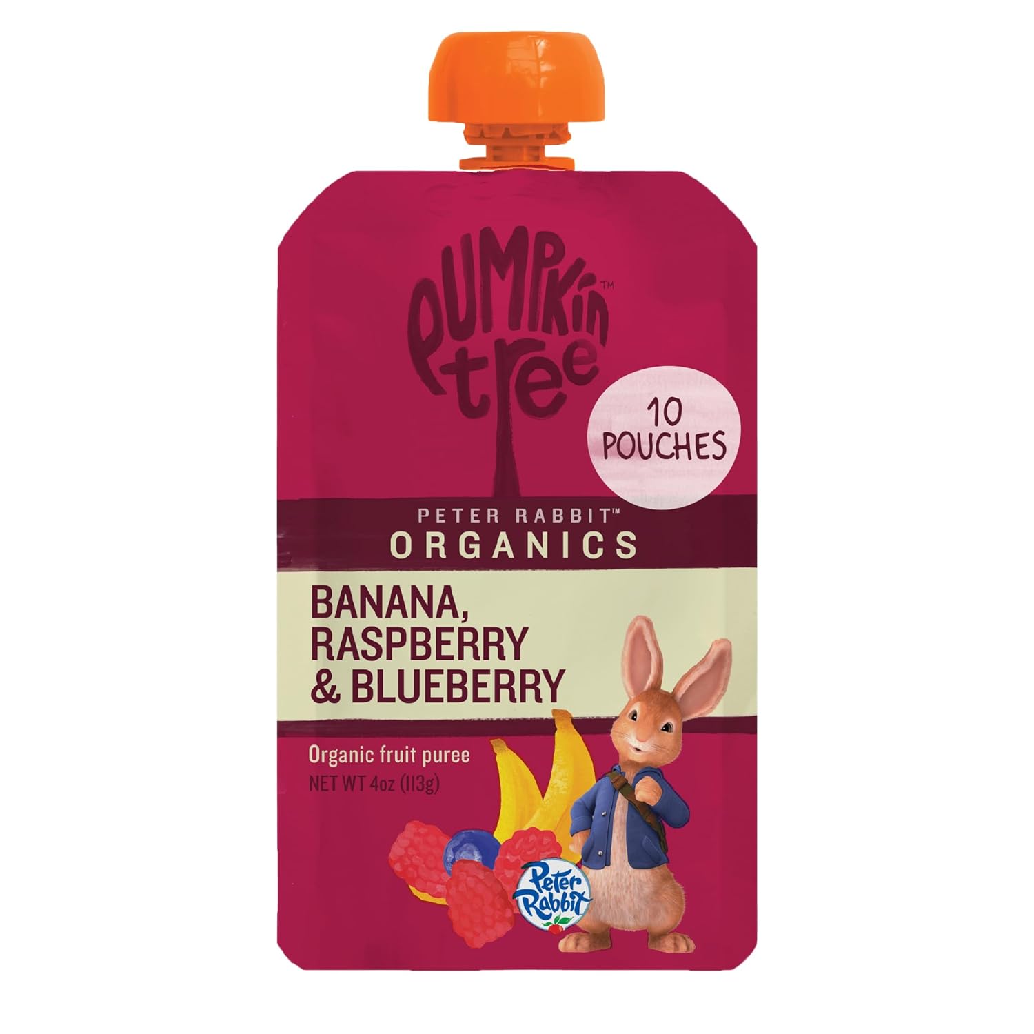 Pumpkin Tree Peter Rabbit Organics, Organic Raspberry, Banana and Blueberry 100% Pure Fruit Snack, 4 oz. Squeeze Pouches Pack of 10