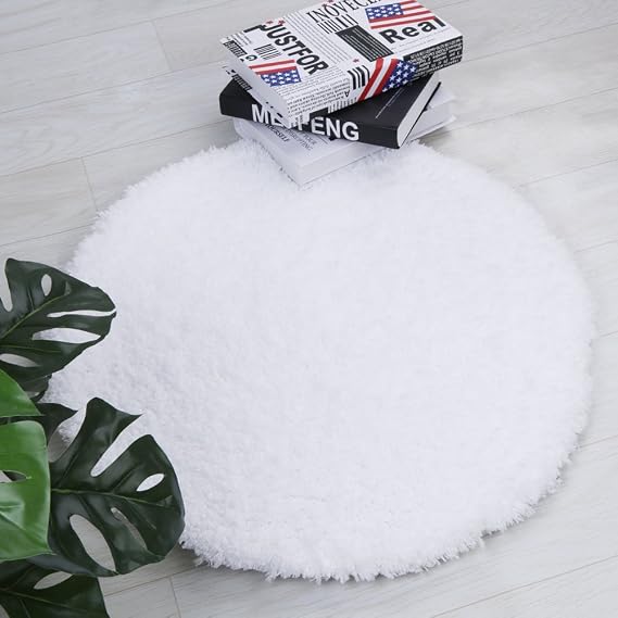 Seavish Shag White Round Bathroom Rug Non Slip Washable Bath Rugs 2ft
