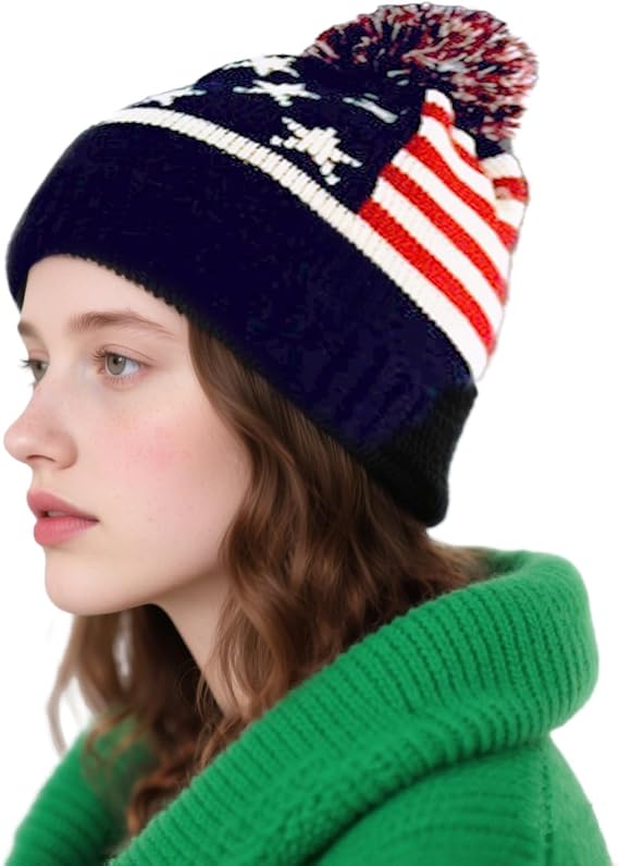 PENINSULA LOVE Adult American Flag Cuffed Beanie Hat Cable Knitted Warm Winter Beanie Thermal Slouchy Hat with Pompom
