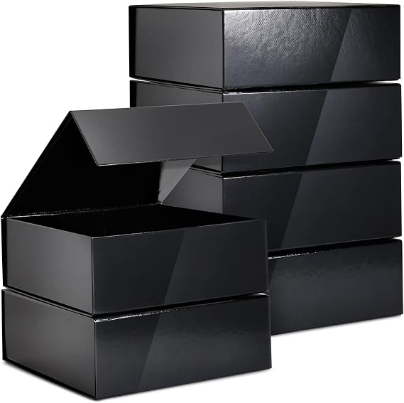 Stockroom Plus Gift Boxes with Lids - 9.5 x 9.5 x 3.5 In, 6-Pack Glossy Black Square - Magnetic Closure & Reusable Decorative Cases for Groomsmen Proposal & Bridesmaid