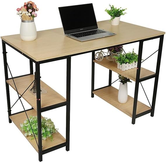 HARAY PC Writing Desks PC Laptop Desk Office Bedroom Household Study Table with Storage Shelves 43.3" Multifunctional Writing Workstation with Black Metal Frame Office Workstation