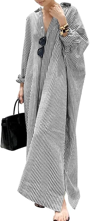 Hotmiss Women's Striped Long Sleeve Rolled Up Button Down Lightweight Loose Fit Cotton Long Blouse Shirt Maxi Dress
