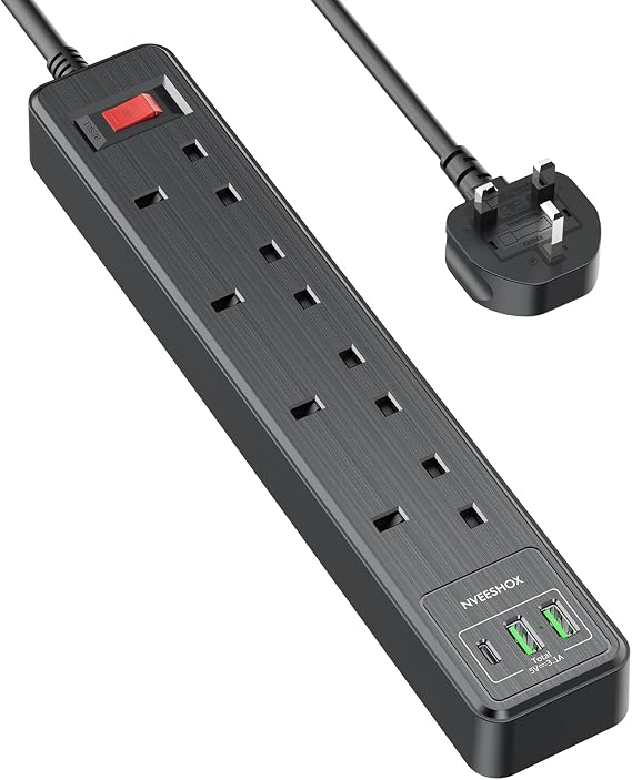 NVEESHOX Black Extension Lead 2M, 4 Way Outlets Extension Cord(13A 3250W)