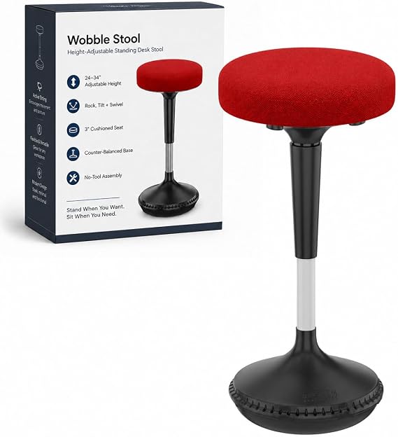 Uncaged Ergonomics Wobble Stool - Height Adjustable 23-33" Ergonomic Standing Desk Chair, Flexible Seat for Office, Classroom, Active Sitting - Red
