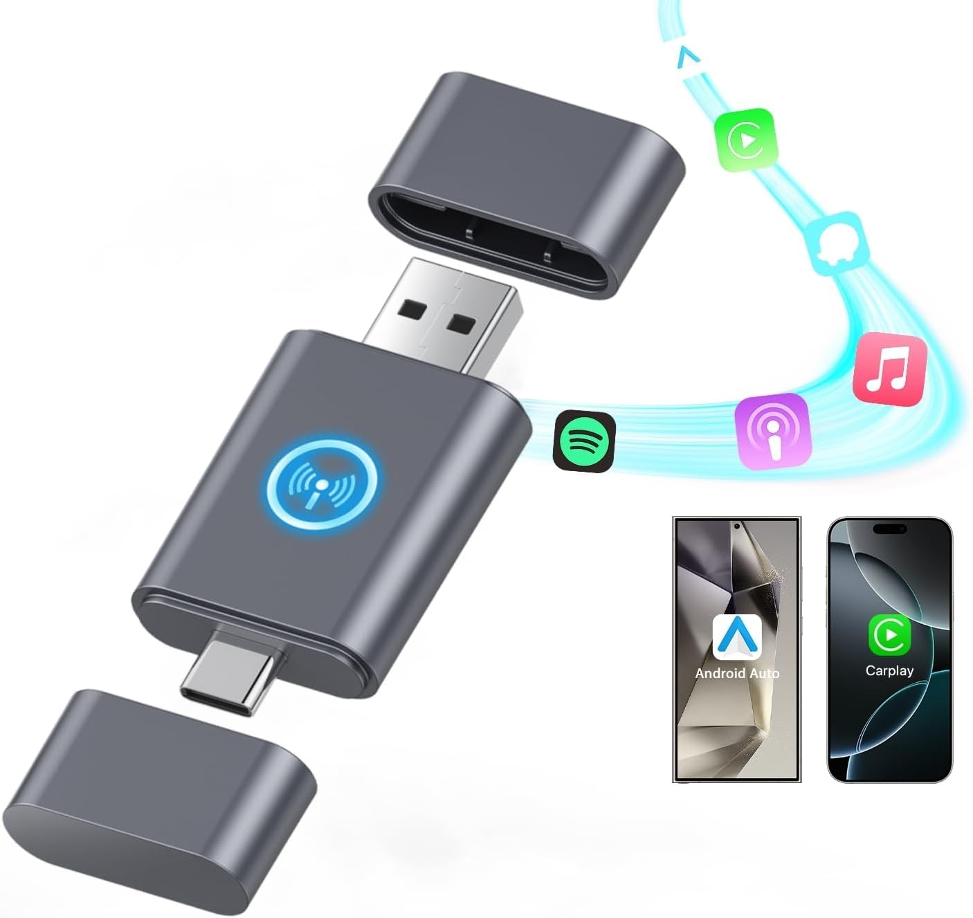 2 in 1 Mini Android Auto and Wireless CarPlay Adapter Convert Factory Wired to Wireless Dongle, Compact Size USB CarPlay Wireles Stick AAndroid Auto Adapter for iOS 12Android No Delay