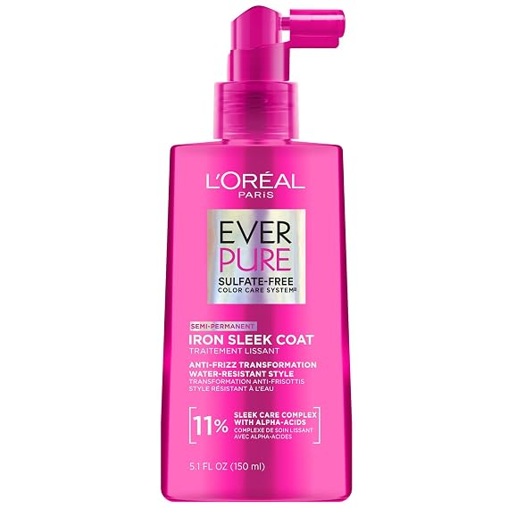 L'Oreal Paris Sulfate Free Iron Sleek Coat, Anti-Frizz Hair Treatment Spray with Heat Protection & Humidity Protection, Semi-Permanent Smoothing, Suitable for Color-Treated Hair, EverPure, 5.1 fl oz