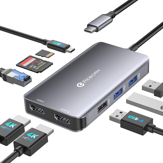 Reborn Laptop Docking Station Dual Monitor, 9-in-1 USB C Hub Dual Monitor with 4K 2HDMI Ports, 1Gbps Ethernet, 5Gbps USB A&C 3.0, 100W PD, SD Card Reader, USBC Dock for MacBook/Dell XPS/HP/Surface etc