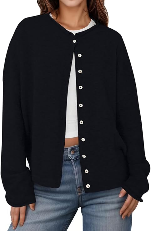 Elitechoice Women's Lightweight Knit Cardigan with Rolled Collar, Long Sleeve Open Front Sweater for Lounge & Office
