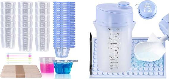 Bundle set of Epoxy Mixing Cups Kit,200Pcs, Plastic, 30ml Disposable Measuring Cups,50 Wooden Stirring Sticks, Dropper for Paint Mixing and Hands-Free Easy Clean Continuous Resin Mixer