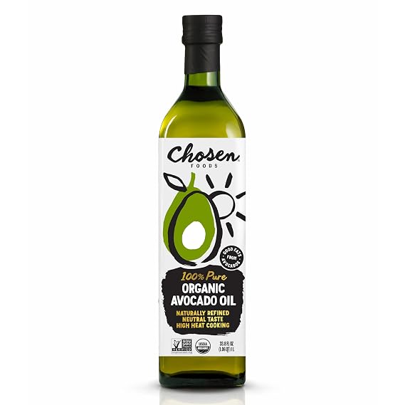 Chosen Foods Organic Avocado Oil, 33.8 Fl Oz - Refined USDA Organic Cooking Oil made from 100% Pure Avocados - Non-GMO, Gluten-Free, Keto Friendly, Glyphosate Free - 1 Liter (Pack Of 1)