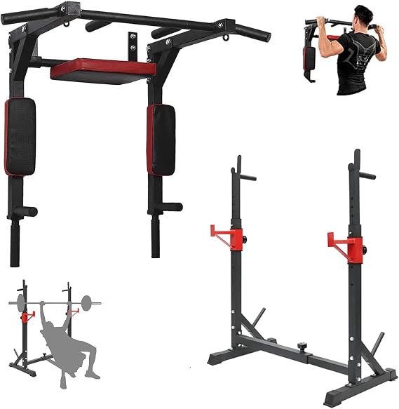 Wall Mount Pull Up Bar and Multi-Function Squat Press Barbell Rack Stand set,Wall Mounted Body Press Pull Up Bar Gym Chin-Up for Upper Body Workout,Fitness Exercise Equipment Home Gym