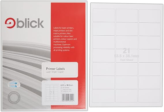 Blick Labels, White, 21 Per Sheet 25 Sheets, Rectangular, 63.5mm x 38.2mm, 525 Labels, For Home, Office, Family, School