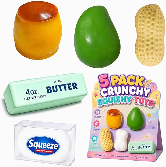 5 Pack Crunchy Squishy Asmr Bead Filled, Crunchy Squeeze Stress Ball | Butter Peanut Pudding Mango Soap Crunchy Squishy Realistic Non Rebound Moldable Party Favor Gifts for Adults