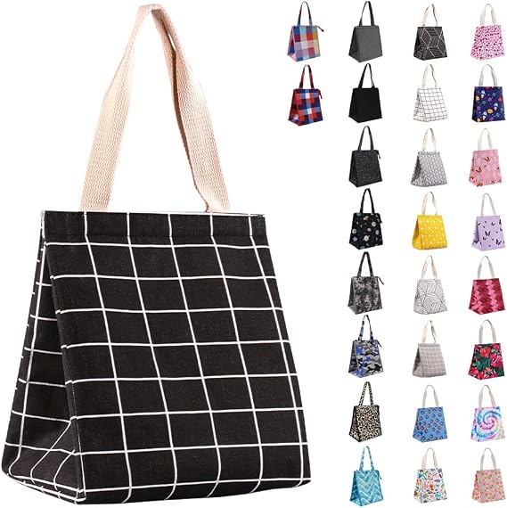 9L Insulated Lunch Bag, Leakproof lunch Tote for Adult BlackPlaid | Lightweight 0.3 lb, compact foldable design, aluminum foil interior, velcro closure, wide opening, for meals, snacks, office