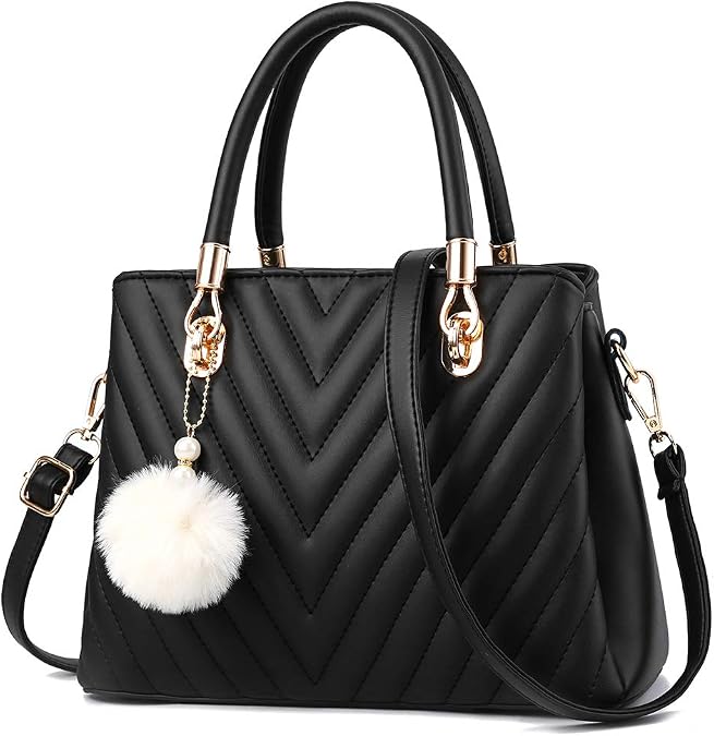 Womens Fashion Leather Handbags Quilted Purses Top-handle Totes Satchel Bag for Ladies Shoulder Bag for Women with Pompom