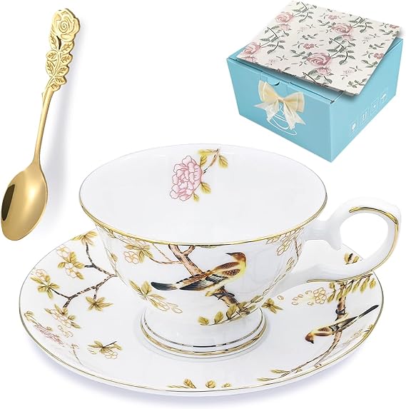 Tea Cups and Saucers, 6.7 OZ Floral bone china Coffee Cup Set with Spoon, Vintage Garden Teacups with Gold Trim, Tea Cups in a Reusable Handmade Gift Box with Ribbon elegant design (Camellia flower)