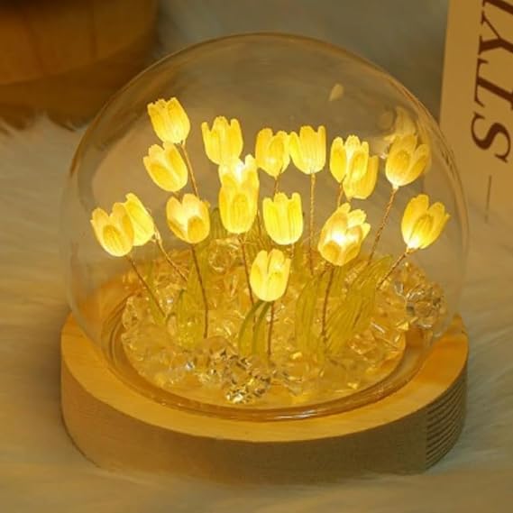 DIY Tulip Night Light, LED Tulip Night Light, Tulip Small Stand Decoration, Desk Decoration for Her Couples Present Atmosphere, 20 Flowers Completed, Purple Wood Yellow, Finished