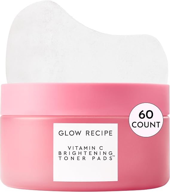 Glow Recipe Vitamin C Brightening Toner Pads - Korean Vitamin C Face Pads for Dark Circles Under-Eye and Cheeks - Light Face Exfoliator - Niacinamide, Caffeine, Guava - Fragrance-Free (60 Count)
