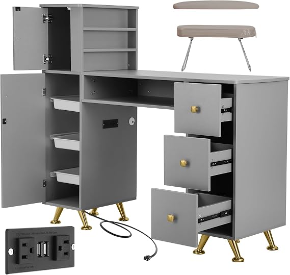 Gray Nail Table for Nail Tech, Nail Desk for Nail Tech, Manicure Table Nail Station for Makeup Beauty Spa Salon, w/2 Hand Rest, Pull-Out Storage Tray, 3-Tiers Shelves, Golden Legs