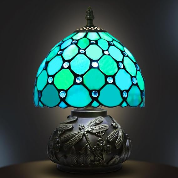 Small Tiffany Lamp,Stained Glass Table Lamp for Living Room,Bedside,Reading,8 Inch Vintage Mini Mushroom Desk Light Included 3 Color Temperatures E27 Bulb (Blue) [Energy Class F]