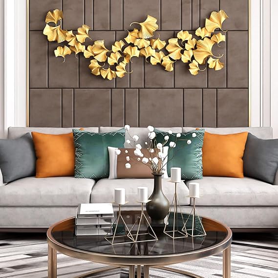 Metal Wall Art Decor Gold Ginkgo Leaves Sculptures for Living Room, 3D Modern Golden Ginkgo Biloba Wall Hanging Sculpture Mural Wall Artwork for Bedroom Ornament Office Decoration,150CM