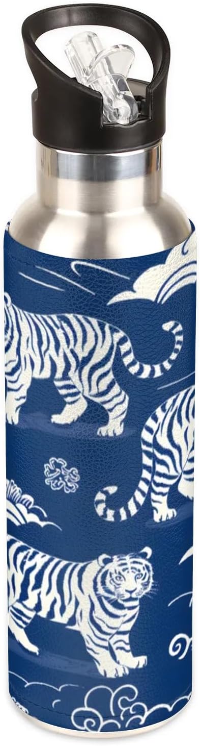 Blue Tigers Clouds Water Bottle 20 oz Insulated Thermos With Lid Stainless Steel Bottle Circle Sports Water Bottles Keep Hot Cold Leakproof Vacuum Water Flask