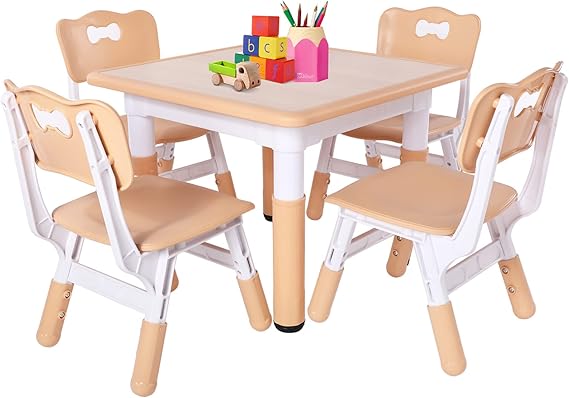 FUNLIO Kids Table and 4 Chairs Set, Height Adjustable Toddler Table and Chair Set for Ages 3-8, Easy to Wipe Arts & Crafts Table, for Classrooms/Daycares/Homes, CPC & CE Approved(5-Piece Set)