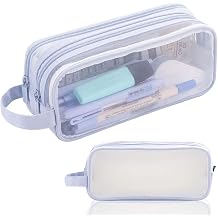 Clear Pencil Case, Big Capacity Grid Mesh Pencil Case, 2 Compartments Aesthetic Pencil Pouch for Girls Boys Secondary School, Large Stationery Organiser for Kids Teenager (Blue)