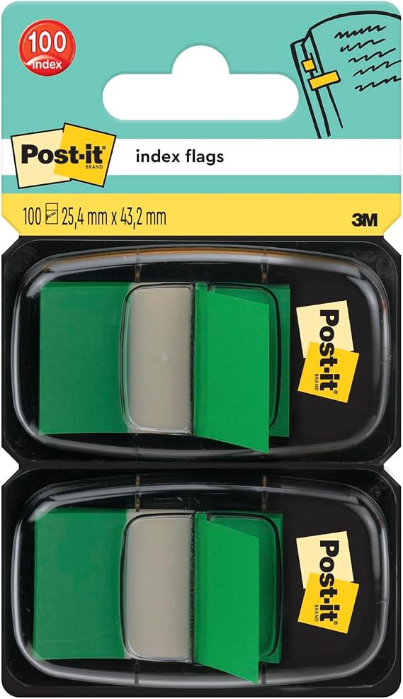 Post-it Index Flags, 100 Flags, 25.4 mm x 43.2 mm, Green