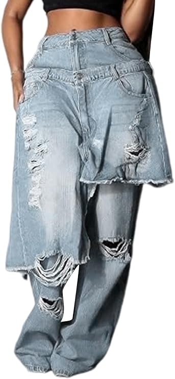 LKOUS Women's Ripped Baggy Jeans High Waist Wide Leg Patchwork Streetwear