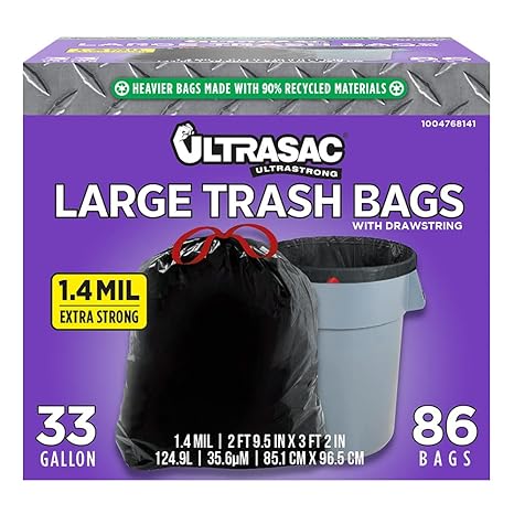 Ultrasac Black Large Heavy Duty Drawstring Trash Bags 33 Gallon 1.4 MIL, 33.5" x 38" - Pack of 86 - For Home, Commercial, Construction, Outdoor