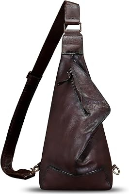 Genuine Leather Sling Bag for Men and Women Vintage Full Grain Leather Sling Purse Chest Daypack Over Shoulder Crossbody Bag Coffee