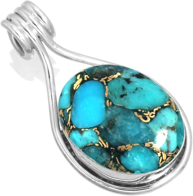 JEWELOPORIUM Boho Handmade Jewelry Chunky Natural Gemstone Garnet, Amber, Turquoise, Onyx Oval Genuine 925 Sterling Silver Pendant Necklace For Women