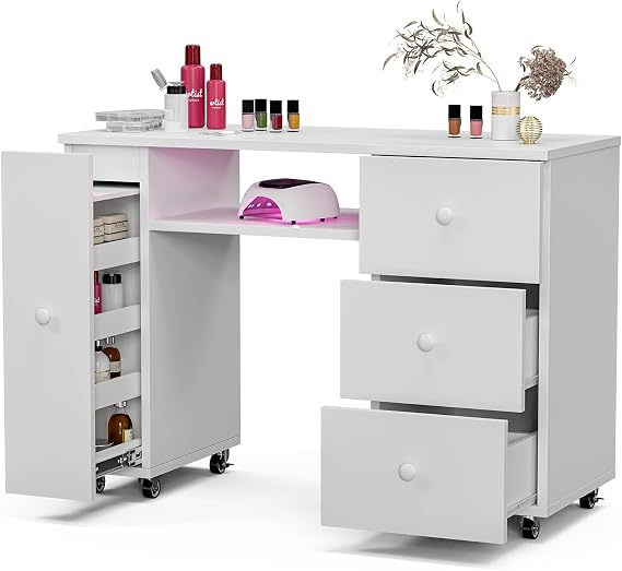 Paddie Manicure Table Nail Desk for Nail Tech, Nail Table Station w/3 Drawers & 1 Vertical Storage Cabinet, Beauty Salon Nail Supplies Workstation Acetone Resistant w/Lockable Wheels, White