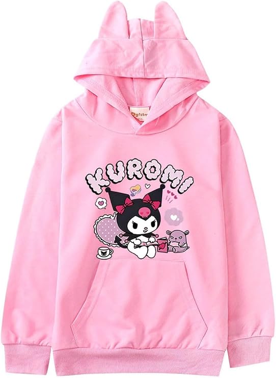 Anime Ears Hoodie Sweatshirts Petite Women's Long Sleeve Pullover Tops Girls Cute Cartoon Graphic Hooded Sweater, Pink, Size S