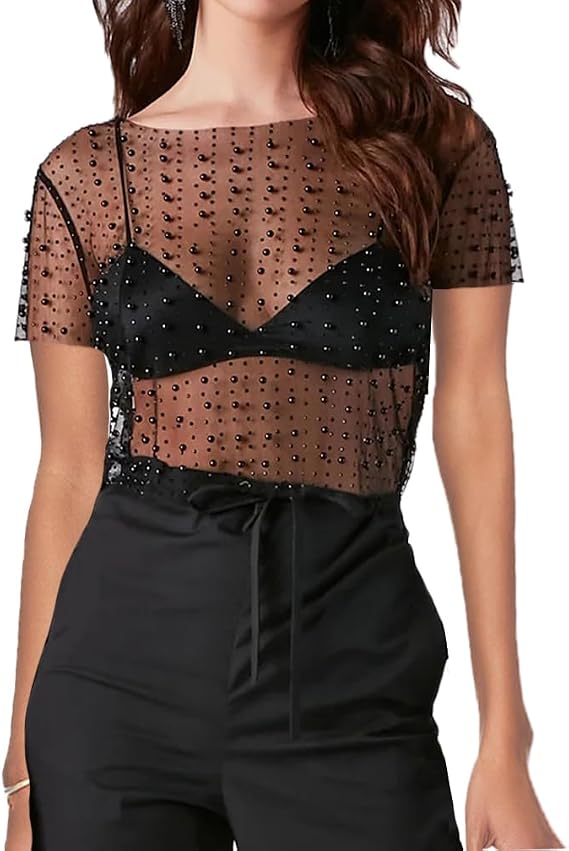 Naileksi Women Pearl Rhinestone Sheer Mesh Crop Tee Top Sexy See Through Short Sleeve Slim Fit Crop T-Shirt Club Summer