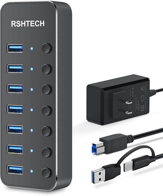 RSHTECH Powered USB Hub, USB-C/A to 7 Ports USB 3.0 Data Hub, RSH-ST07