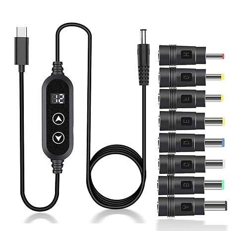 USB C to DC 5V/9V/12V/15V/20V Cable with 8 DC Conversion Heads and LED Display Screen, USB to DC Power Cable for use with PD Charger and PD Power Bank for Speakers, routers, laptops (3.9ft)
