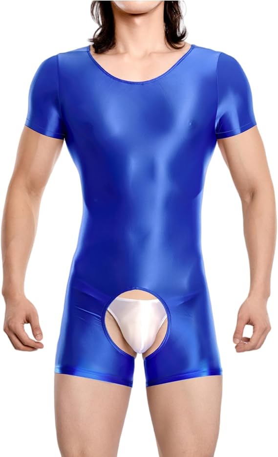 Men's Glossy Bodysuit Short Sleeve Gym Jumpsuit Shiny Round Neck One Piece Seamless Leotard Wrestling Singlet Unitard Casual Workout Playsuits Festival Rave Nightwear