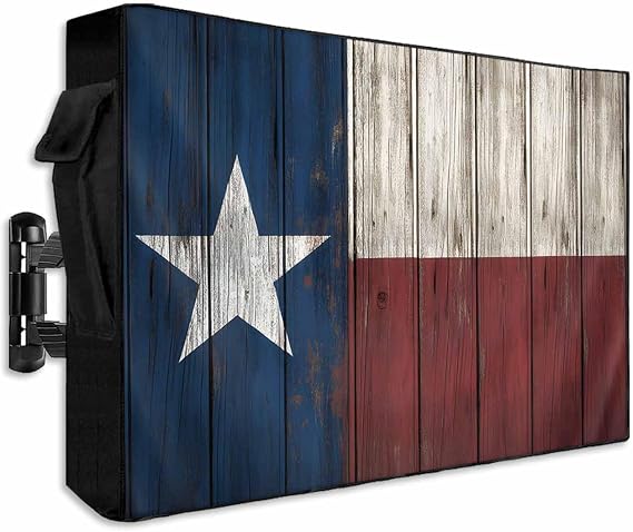 Western Texas Star Outdoor TV Cover 60-65 Inch Weatherproof, Country Enclosure With Zipper & Roll Up Front Flap, Blue White Red Wood Waterproof for Outside Flat Screen