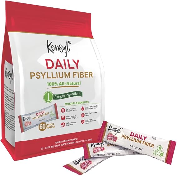 Konsyl Daily Psyllium Fiber Powder - 5g Sticks, 60 Pack - Natural Unflavored Soluble Dietary Fiber Supplement - Psyllium Husk Prebiotic for Digestive Support and Gut Health - Sugar Free, Keto & Vegan
