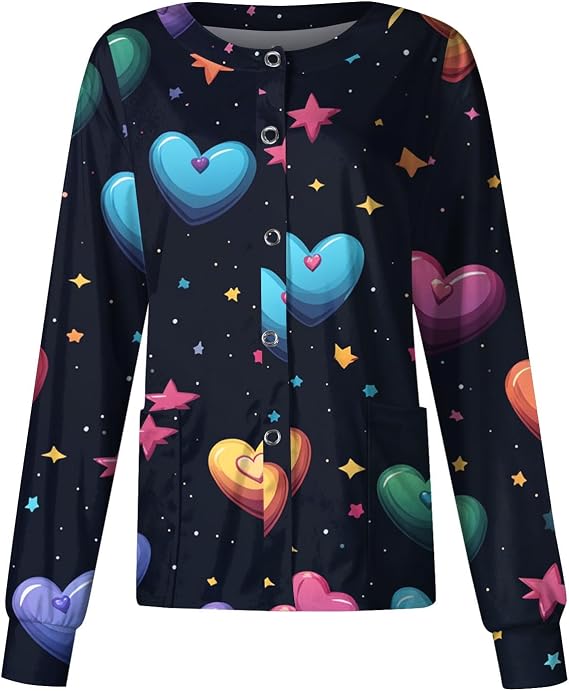 Valentines Day Scrub Jackets for Women Cute HeartsLong Sleeve Medical Nursing Uniforms with Pockets